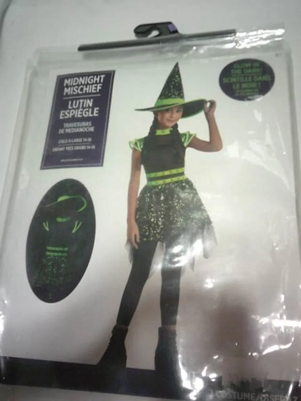 NEW GLOW IN THE DARK WITCH HALLOWEEN COSTUME SIZE XL 14-16 GIRLS DRESS & HAT 🎃